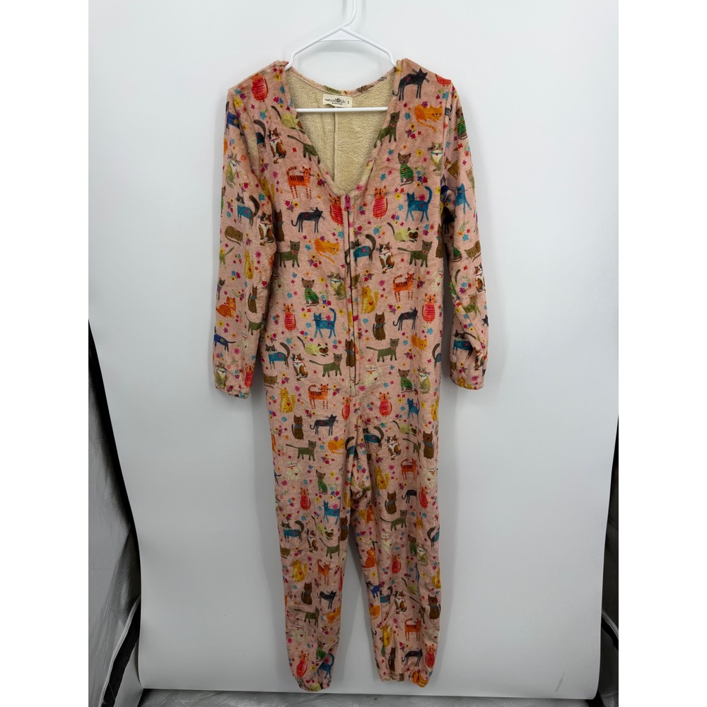 Natural Life Cat Print‎ Fleece Jumpsuit Women Size S Pink Sherpa Lined One Piece
